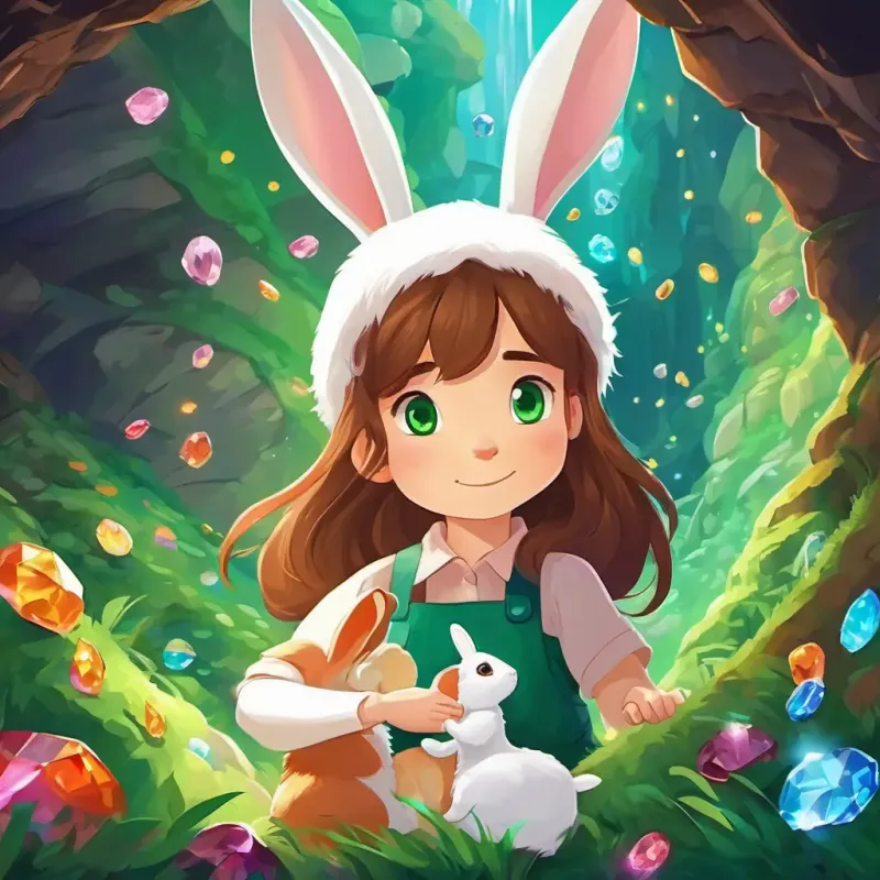 Lily has long brown hair and sparkling green eyes and Benny is a fluffy white rabbit with big floppy ears exploring the sparkling cave filled with colorful gems