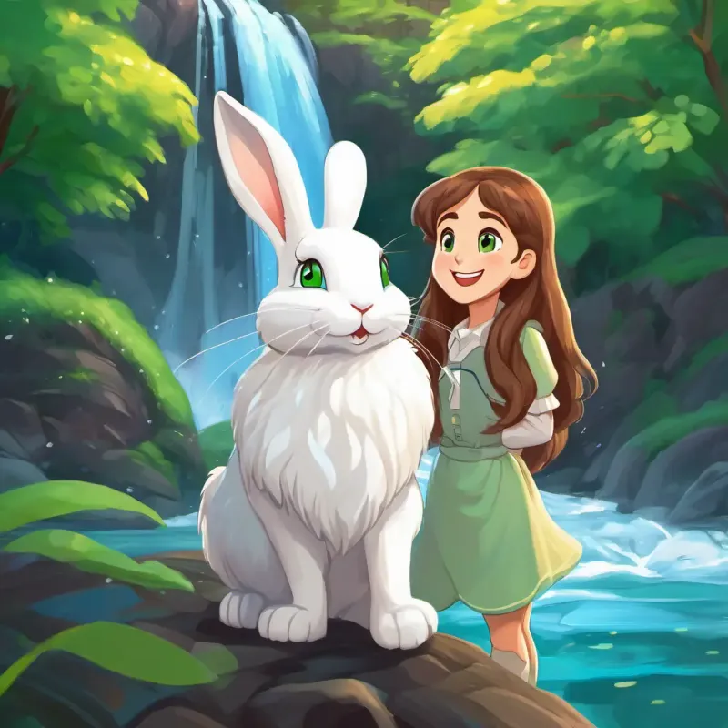 Lily has long brown hair and sparkling green eyes and Benny is a fluffy white rabbit with big floppy ears standing in front of a majestic waterfall, laughing and getting wet