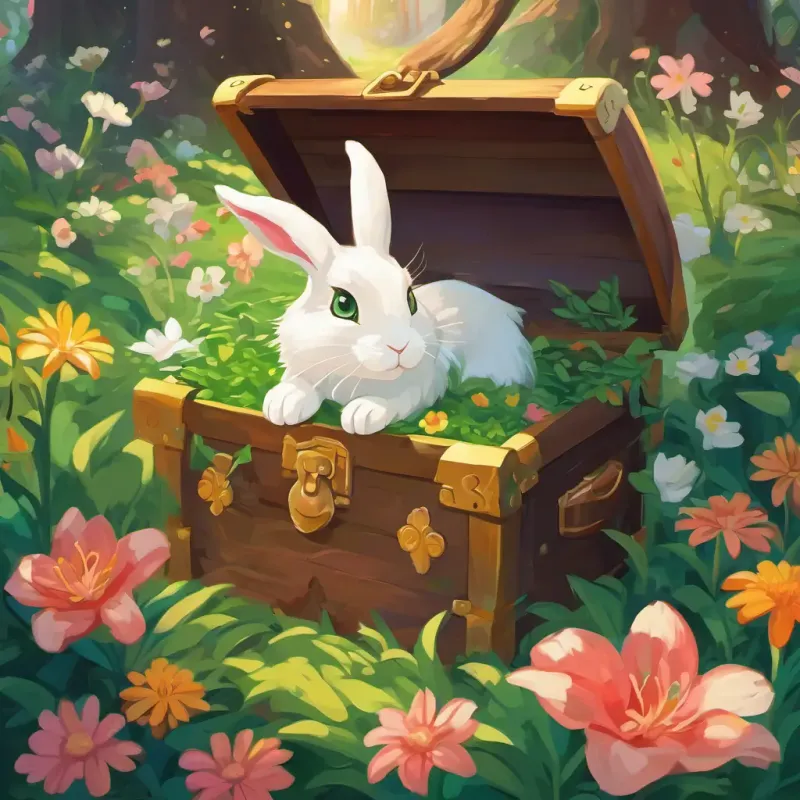 Lily has long brown hair and sparkling green eyes and Benny is a fluffy white rabbit with big floppy ears surrounded by colorful flowers, discovering the treasure chest