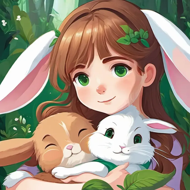 Lily has long brown hair and sparkling green eyes and Benny is a fluffy white rabbit with big floppy ears hugging each other, with big smiles on their faces