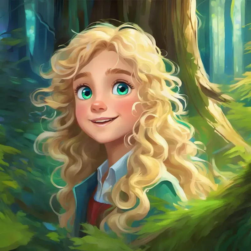 Curly brown hair, bright green eyes, warm smile and Messy blonde hair, blue eyes, mischievous grin encounter a ghostly figure while exploring the spirit world forest.