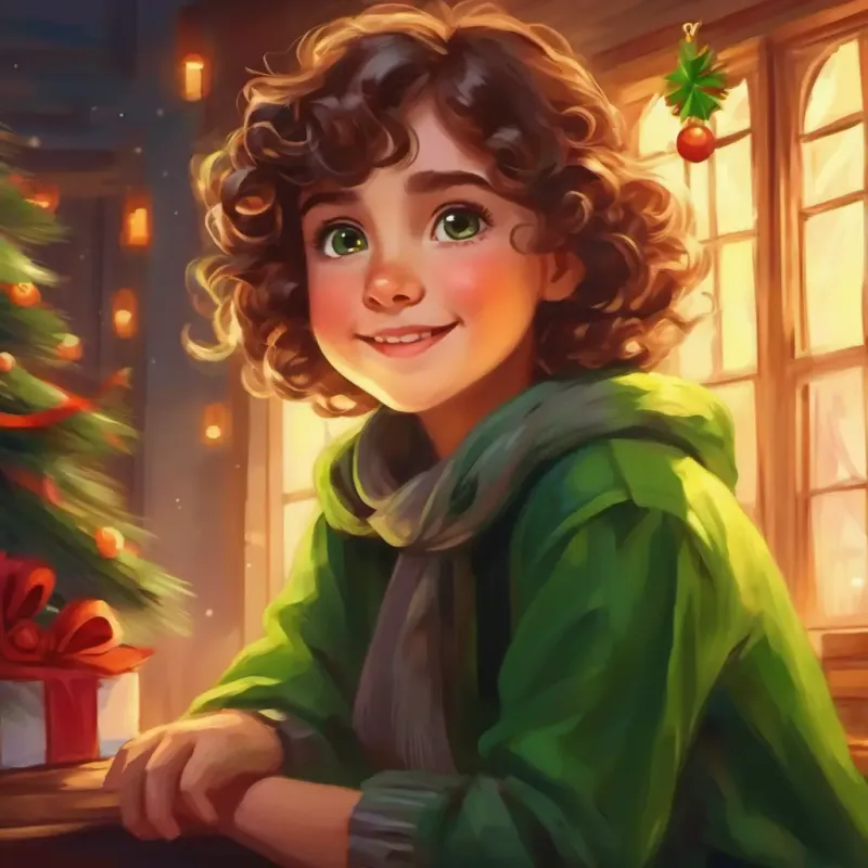 Curly brown hair, bright green eyes, warm smile shows bravery and compassion towards the ghost, trying to calm it down.