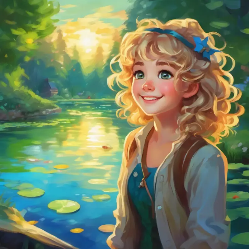 The ghost guides Curly brown hair, bright green eyes, warm smile and Messy blonde hair, blue eyes, mischievous grin to a mesmerizing pond, filled with magical energy.