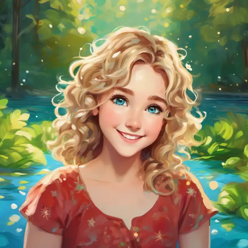Curly brown hair, bright green eyes, warm smile and Messy blonde hair, blue eyes, mischievous grin experience the soothing and calming effect of the enchanted pond's water.