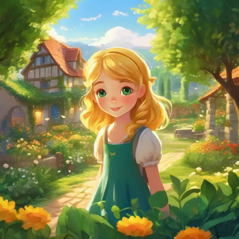 Introduction to the story and main character, setting in a village and the garden, with Curious girl with golden hair and sparkling green eyes as the main character, bright and lively garden setting
