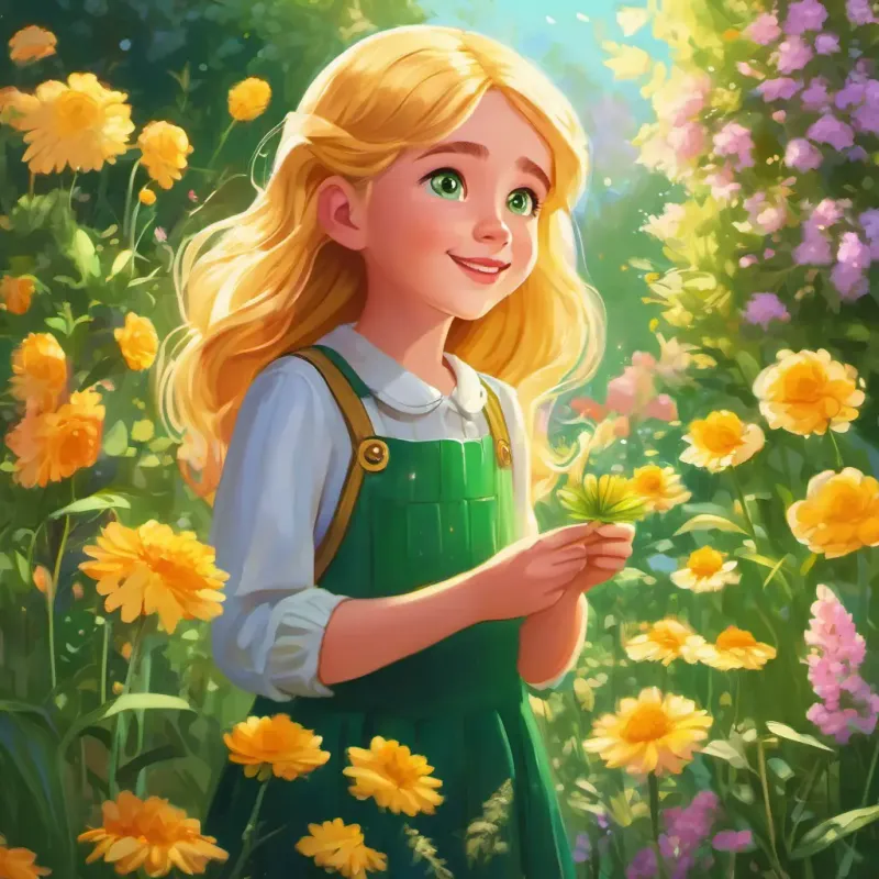 Curious girl with golden hair and sparkling green eyes discovers the speaking flowers in the garden, fun and lively garden setting with talking flowers and Curious girl with golden hair and sparkling green eyes's amazed expression