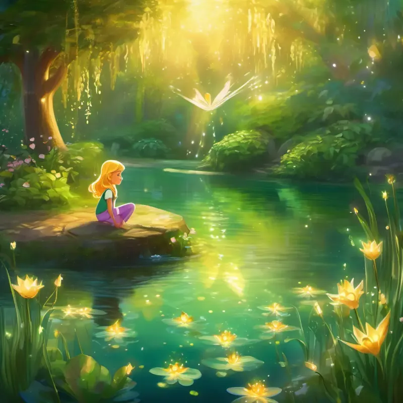 Curious girl with golden hair and sparkling green eyes finds the mysterious pond with dancing water fairies, magical and enchanting pond setting with playful fairies and Curious girl with golden hair and sparkling green eyes's wide-eyed wonder