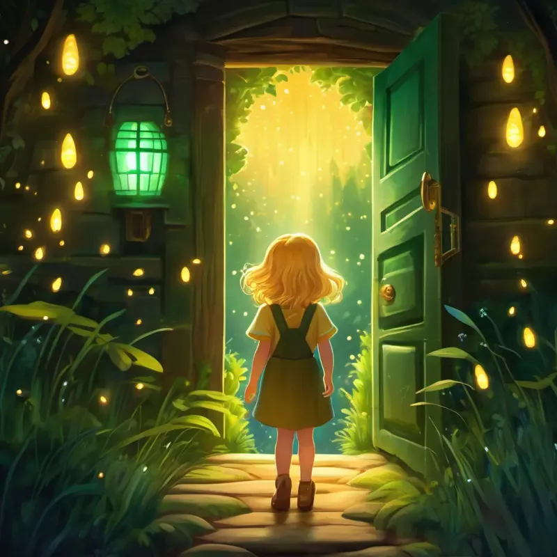 Curious girl with golden hair and sparkling green eyes discovers the hidden door and the glowing, magical world beyond, dark and mysterious setting with glowing fireflies and enchanting creatures
