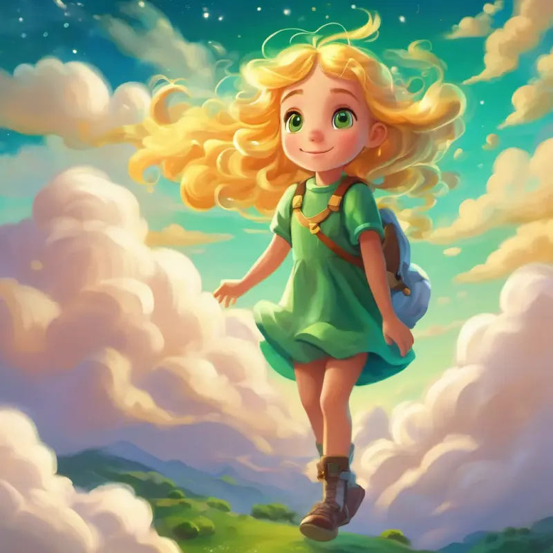 Curious girl with golden hair and sparkling green eyes's adventure with the cloud creatures, cheerful and dreamy sky setting with playful cloud creatures and Curious girl with golden hair and sparkling green eyes floating among the clouds
