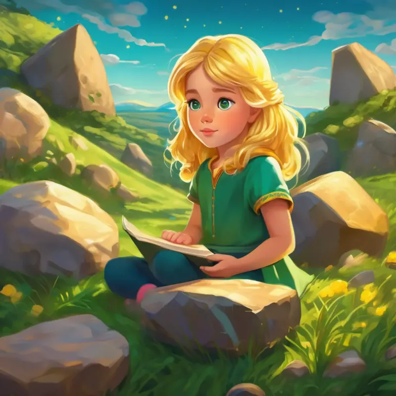 Curious girl with golden hair and sparkling green eyes's encounter with the singing stones and their riddles, vibrant and lively stone field setting with musical rocks and Curious girl with golden hair and sparkling green eyes's concentration