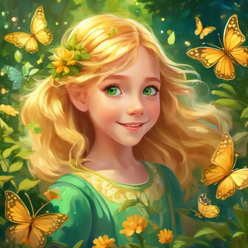 Curious girl with golden hair and sparkling green eyes's enchanting experience at the butterfly dance, lively and colorful garden setting with graceful butterflies and Curious girl with golden hair and sparkling green eyes's happy dance