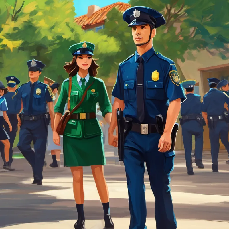Hombre policía con uniforme azul oscuro y sombrero y Mujer policía con uniforme verde y gorra policías hablan en una escuela