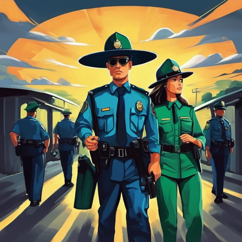 Hombre policía con uniforme azul oscuro y sombrero y Mujer policía con uniforme verde y gorra explican la importancia del respeto