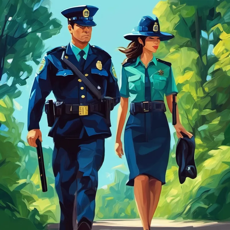 Hombre policía con uniforme azul oscuro y sombrero y Mujer policía con uniforme verde y gorra enseñan a comunicarse positivamente