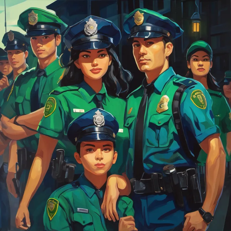 Estudiantes agradecidos por la visita de Hombre policía con uniforme azul oscuro y sombrero y Mujer policía con uniforme verde y gorra