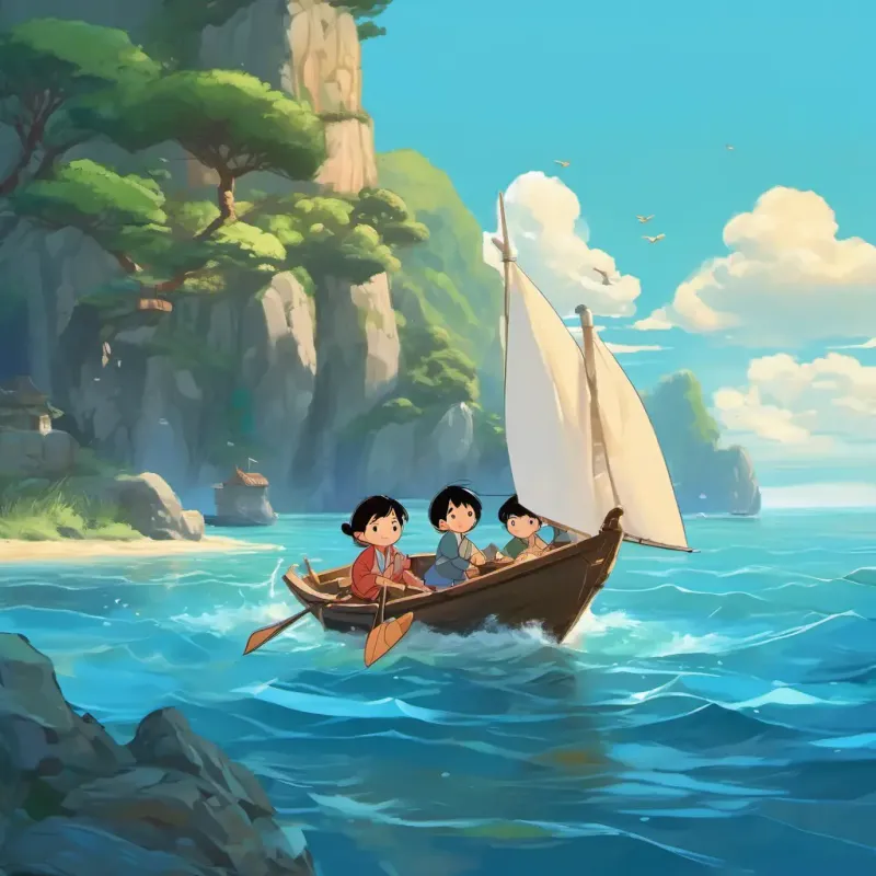Little Ming has black hair and bright, curious eyes and his friends sailing on a small boat towards the beautiful blue sea.