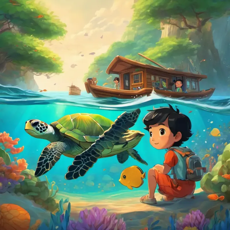 Little Ming has black hair and bright, curious eyes and his friends saw a big sea turtle with a colorful shell swimming next to their boat.