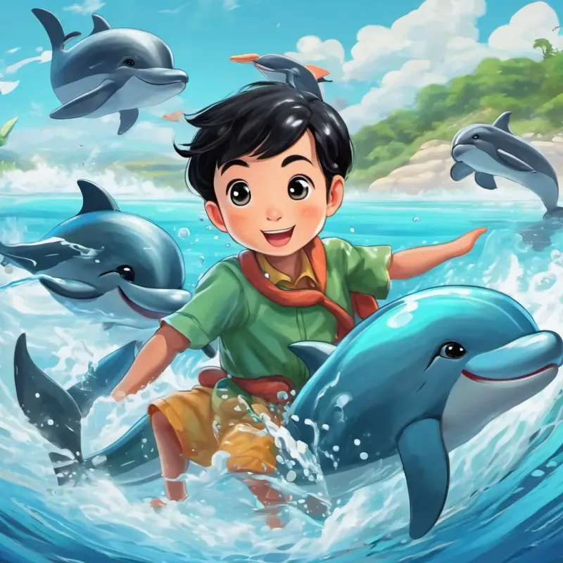 Little Ming has black hair and bright, curious eyes and his friends saw a group of playful dolphins with shiny gray skin and they were jumping in and out of the water.