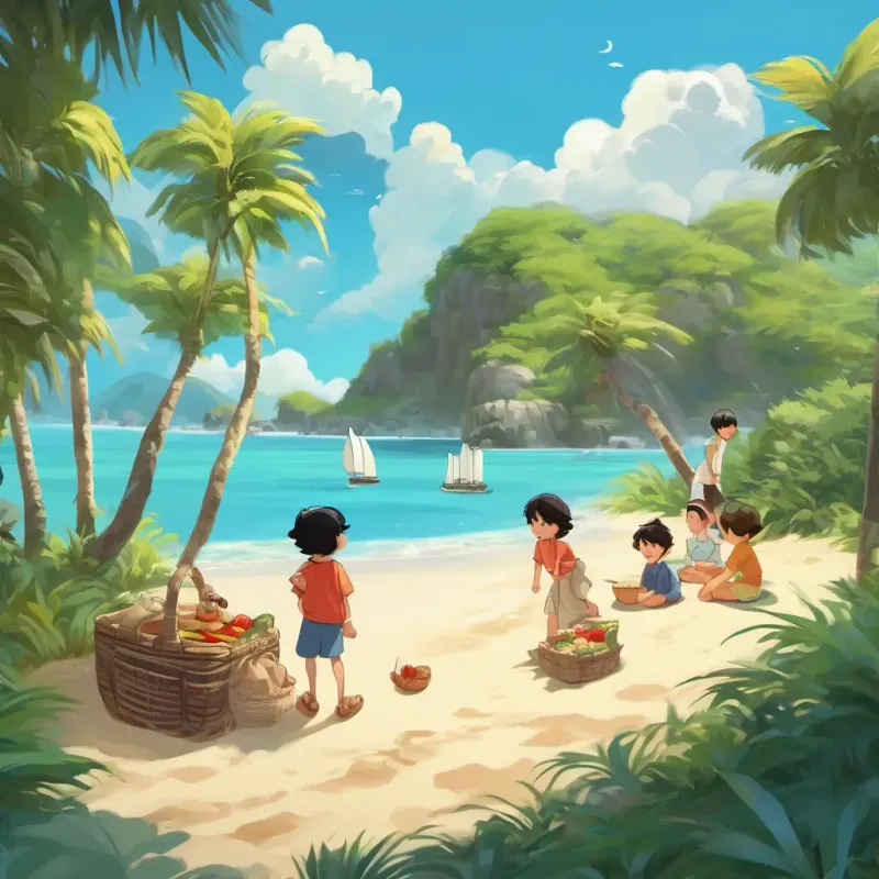 Little Ming has black hair and bright, curious eyes and his friends arrived at a small island with palm trees, white sand, and a beautiful spot for a picnic.