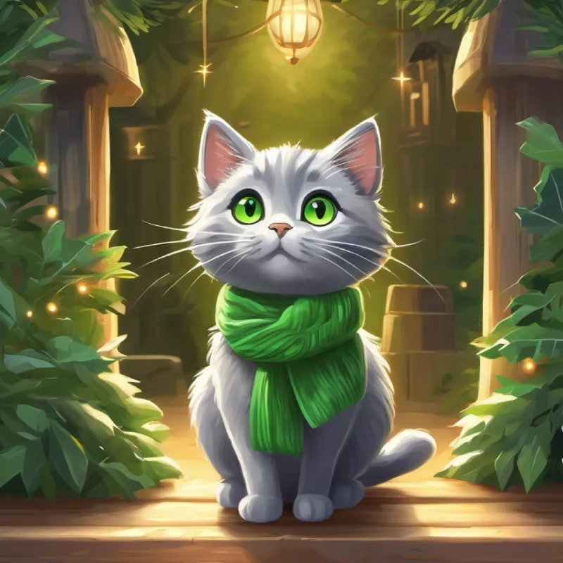 A small, curious gray cat with bright green eyes learns about the zoo trip.