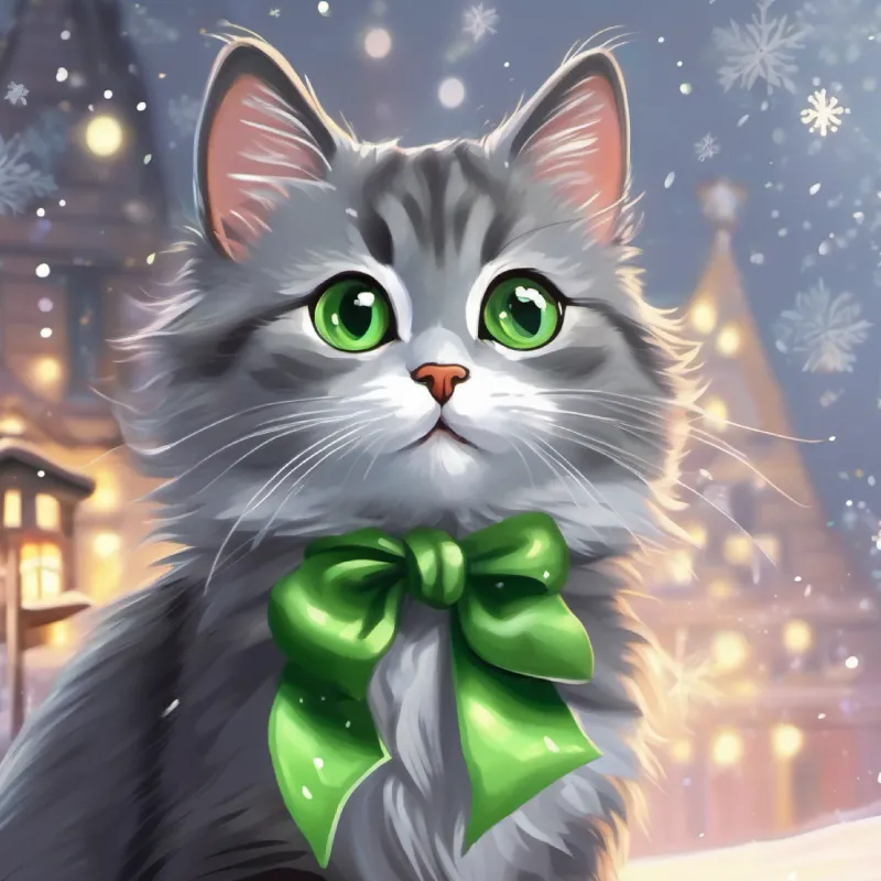 A small, curious gray cat with bright green eyes on her way, feeling excited and nervous.