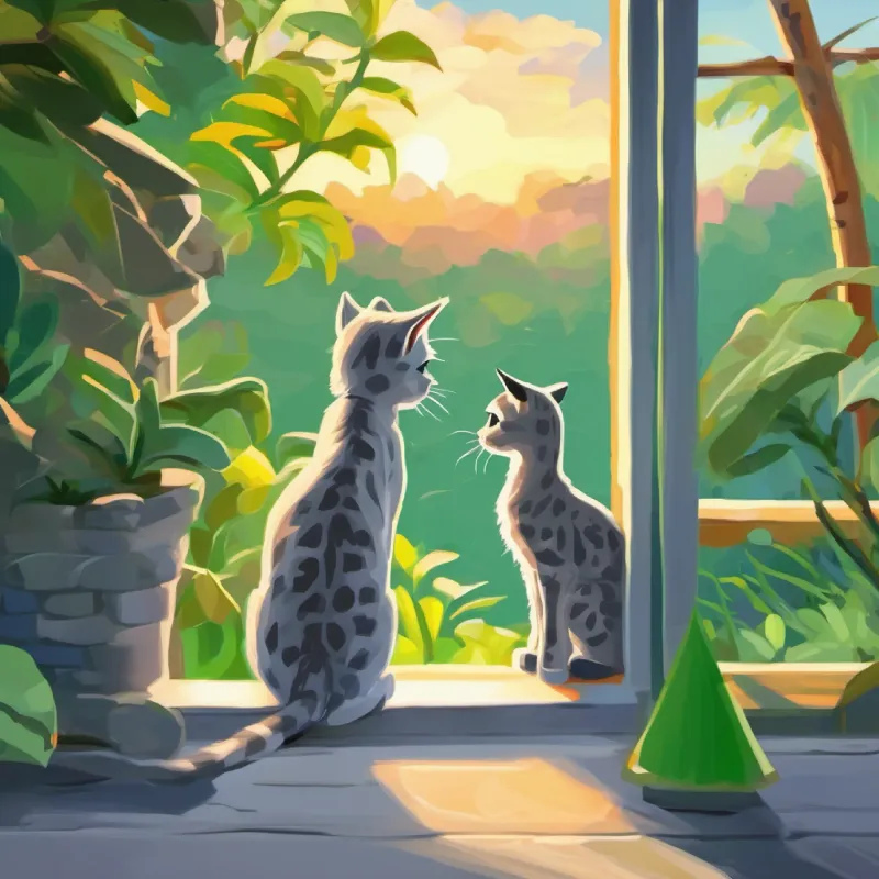 A small, curious gray cat with bright green eyes is fascinated by the giraffes.