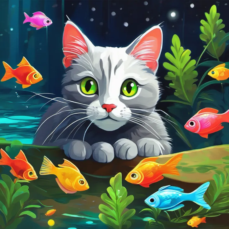 A small, curious gray cat with bright green eyes discovers colorful fish with curiosity.