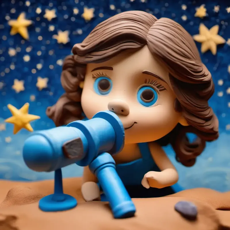 Curious girl, brown hair, blue eyes, always looking up at the stars with her telescope, longing to understand the stars