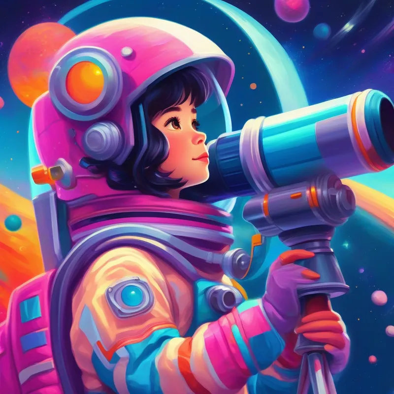 Curious girl in space suit with telescope, vibrant colors in her space suit with a telescope, vibrant colors