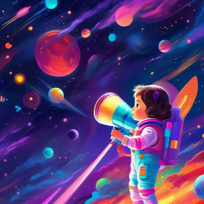 Curious girl in space suit with telescope, vibrant colors's spaceship flying through space, colorful lights on Pluto