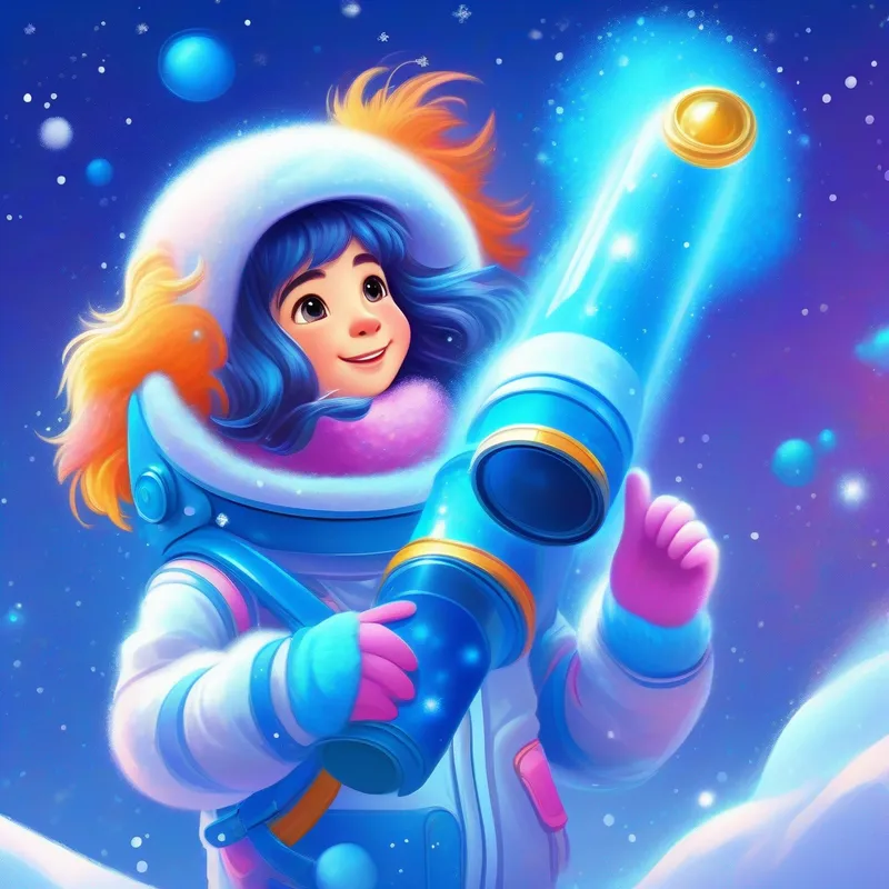 Curious girl in space suit with telescope, vibrant colors meeting the Sparkling blue fur, creates snowflakes with tail, snowy background with sparkling blue fur, snowy background