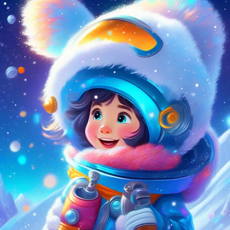 Curious girl in space suit with telescope, vibrant colors and the Sparkling blue fur, creates snowflakes with tail, snowy background playing in the snow, joyful expressions