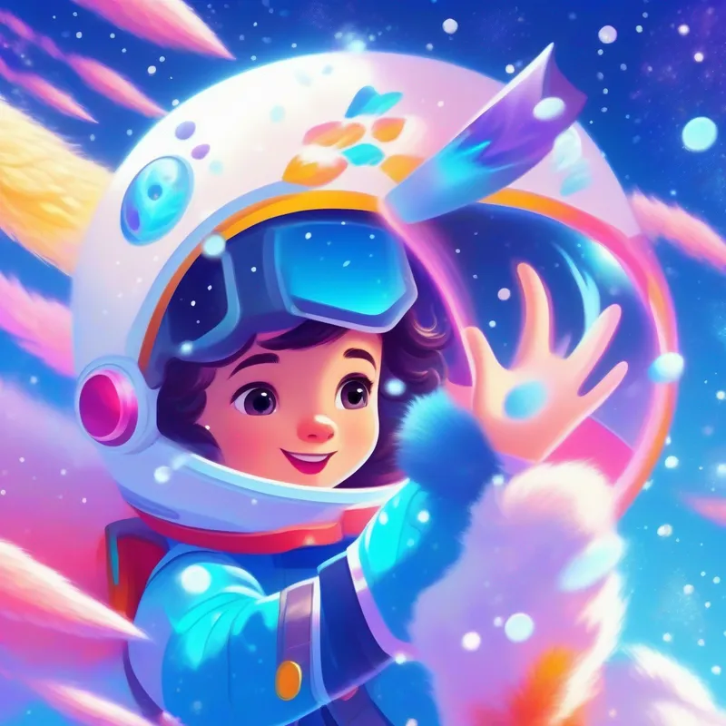 Curious girl in space suit with telescope, vibrant colors waving goodbye to the Sparkling blue fur, creates snowflakes with tail, snowy background, spaceship soaring through space