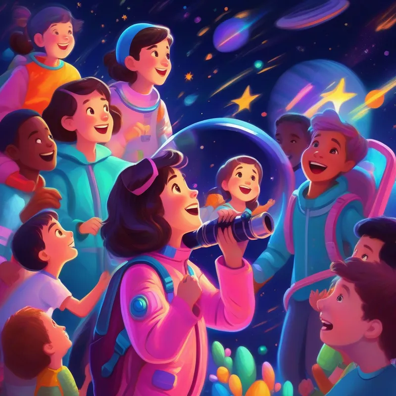 Curious girl in space suit with telescope, vibrant colors surrounded by family and friends, excitedly sharing her story