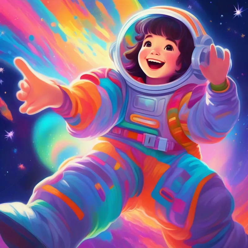 Curious girl in space suit with telescope, vibrant colors smiling with open arms, magical background