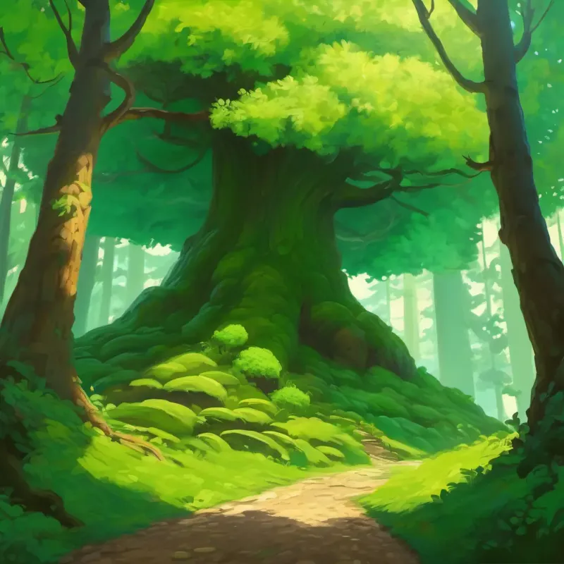 Nel bosco verde e frondoso, si trova un albero gigante con foglie verdi e rami estesi.