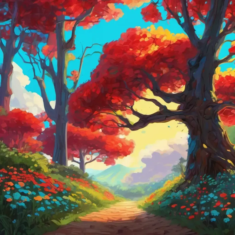 Il grande fungo rosso era circondato da alberi lussureggianti e fiori multicolori.