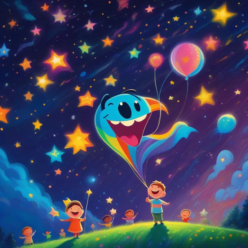 A colorful, happy Line with a big smile with a big smile, looking up at the stars