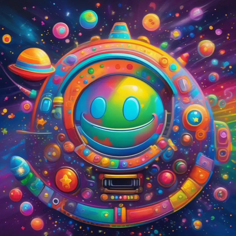 A colorful, happy Line with a big smile in a spaceship, surrounded by colorful buttons and stardust