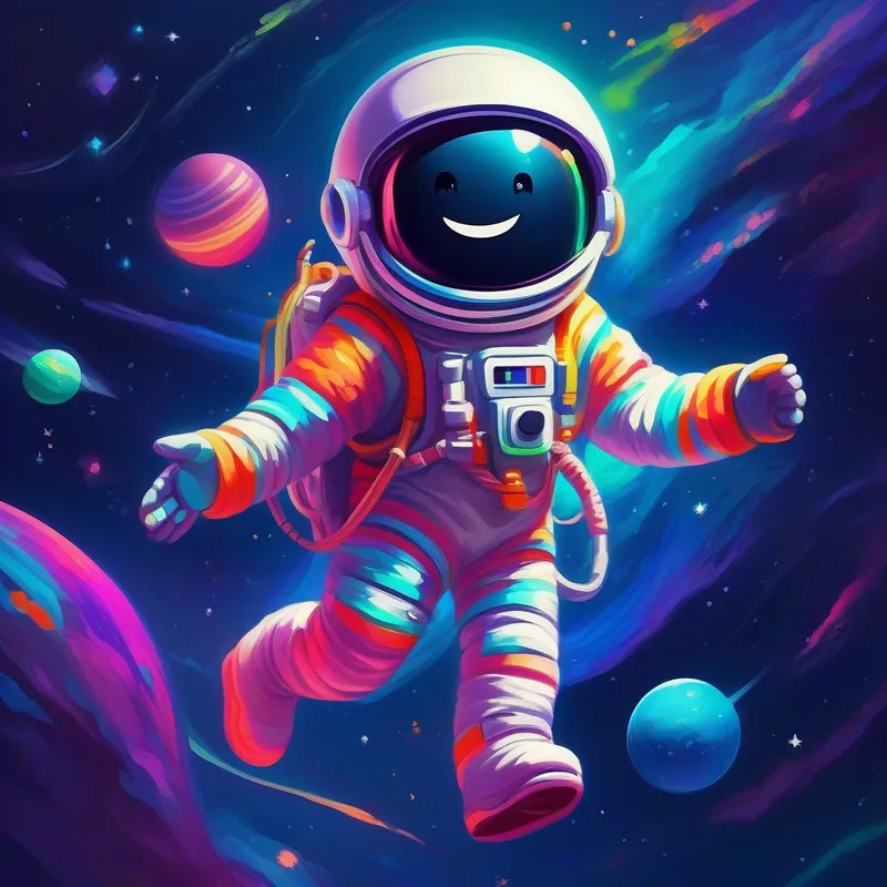 A colorful, happy Line with a big smile and A friendly astronaut with a spacesuit and helmet floating in space, wearing spacesuits
