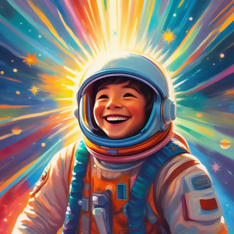 A colorful, happy Line with a big smile and A friendly astronaut with a spacesuit and helmet looking at the sun surrounded by rays of light