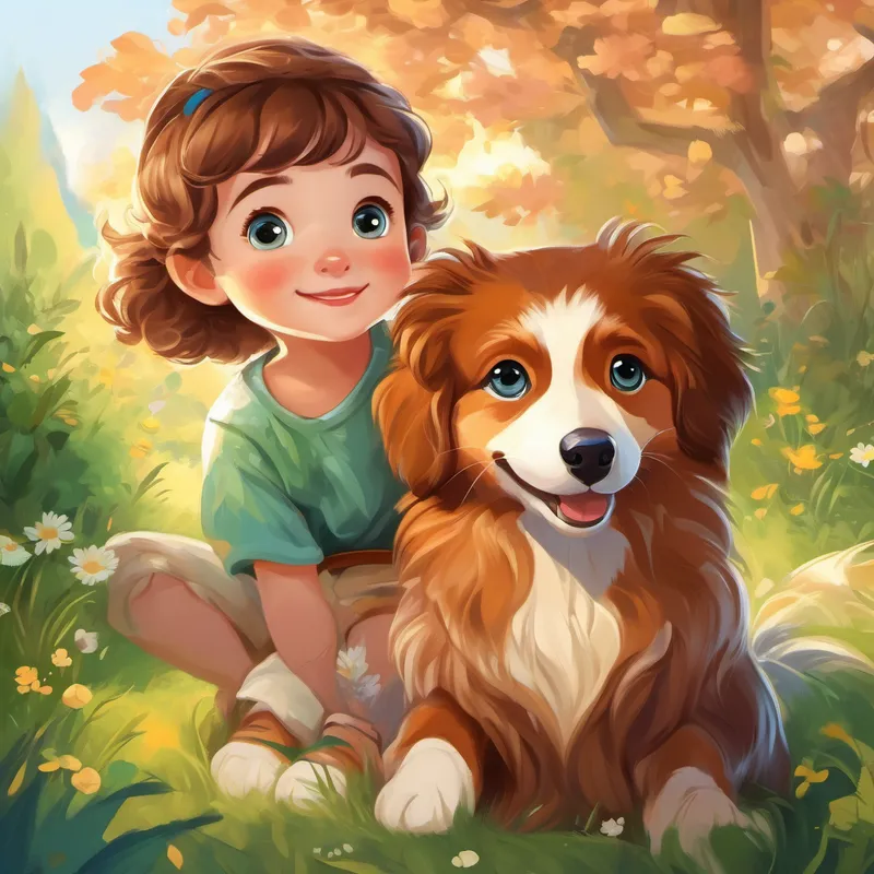 A cozy little house with Curly-haired girl with bright blue eyes, a sweet and kind heart, Cute baby boy with rosy cheeks and sparkling green eyes, and Playful dog with soft brown fur and a wagging tail in a sunny morning