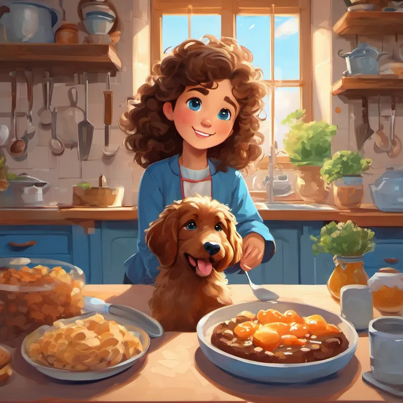 Curly-haired girl with bright blue eyes, a sweet and kind heart, her mom, and Playful dog with soft brown fur and a wagging tail in the quiet kitchen making breakfast