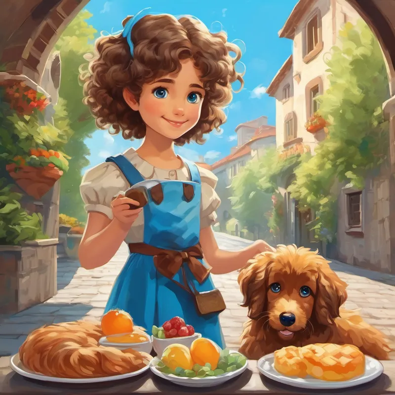 Curly-haired girl with bright blue eyes, a sweet and kind heart carrying a tray of breakfast with Playful dog with soft brown fur and a wagging tail supporting her