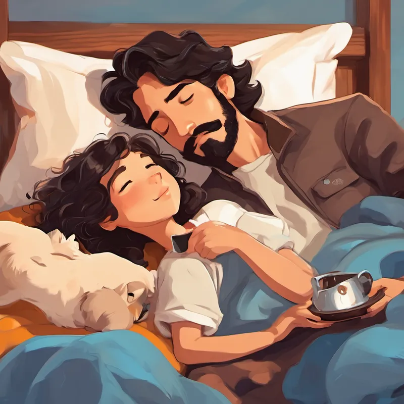 Loving father with black hair, a beard, and warm brown eyes sleeping in bed with Curly-haired girl with bright blue eyes, a sweet and kind heart, Playful dog with soft brown fur and a wagging tail, and the breakfast tray