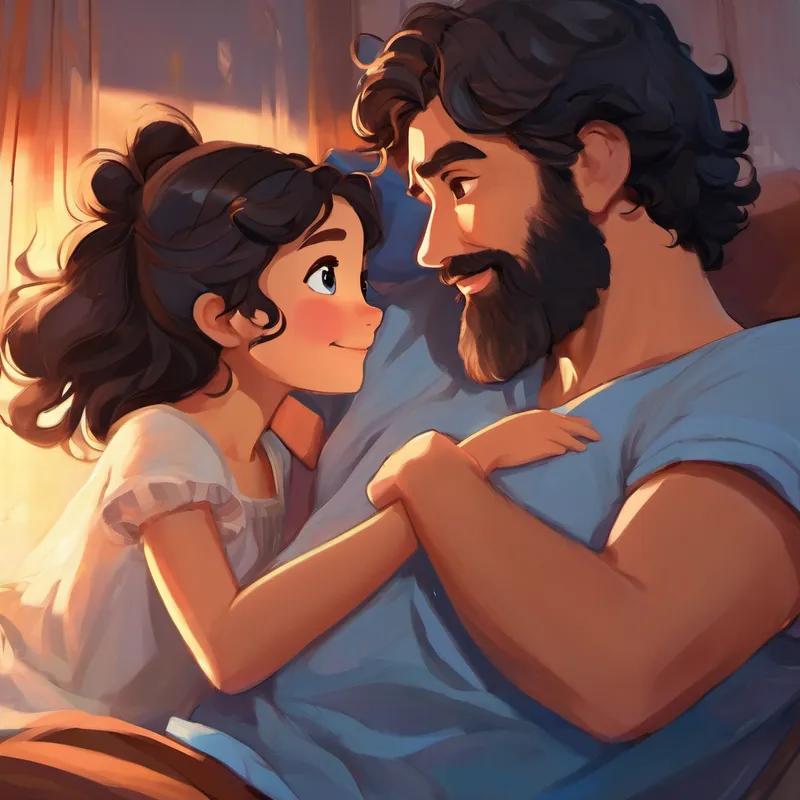 Loving father with black hair, a beard, and warm brown eyes waking up, hugging Curly-haired girl with bright blue eyes, a sweet and kind heart, and thanking her for the surprise