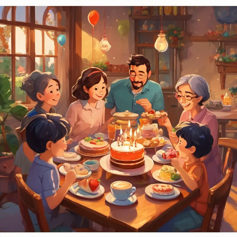 Family enjoying the birthday breakfast, cake, and celebration