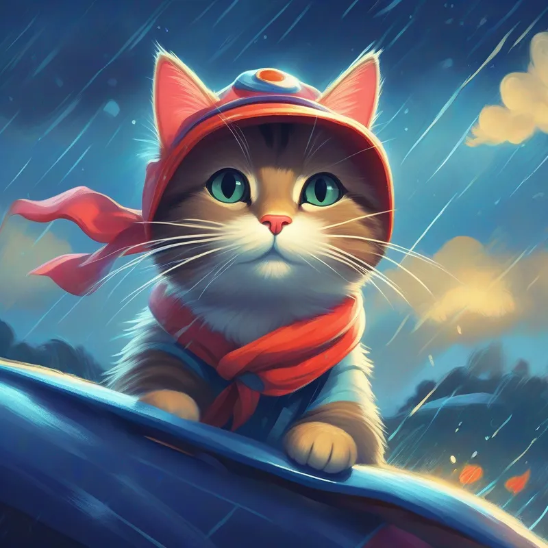 A clever and kind-hearted cat with a handkerchief and a cozy cap. gets ready for her adventure and drives through the storm.