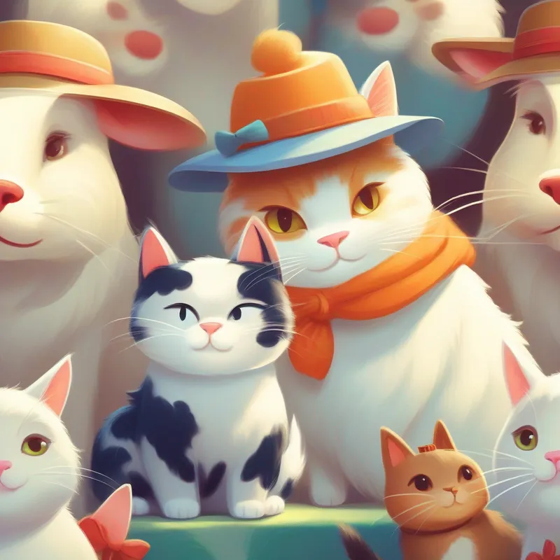 A clever and kind-hearted cat with a handkerchief and a cozy cap. meets A gentle and generous cow with silky white fur. and discovers her milk has run out.
