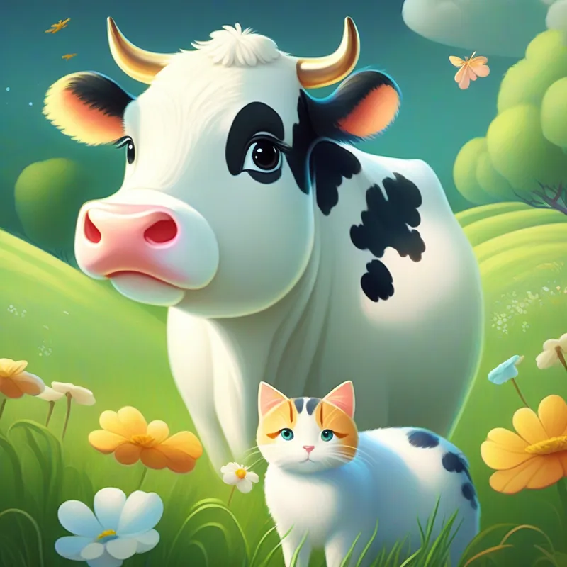 A gentle and generous cow with silky white fur. reveals the secret of the Magic Meadow to A clever and kind-hearted cat with a handkerchief and a cozy cap..
